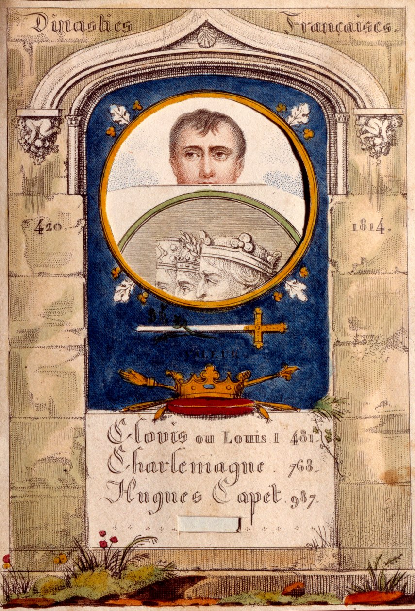 Hemmelig propaganda mod kejser Napoleon I (1769-1821), hans portræt er afbildet over det af Clovis, Karl den Store og Hugues Capet. af Unknown artist