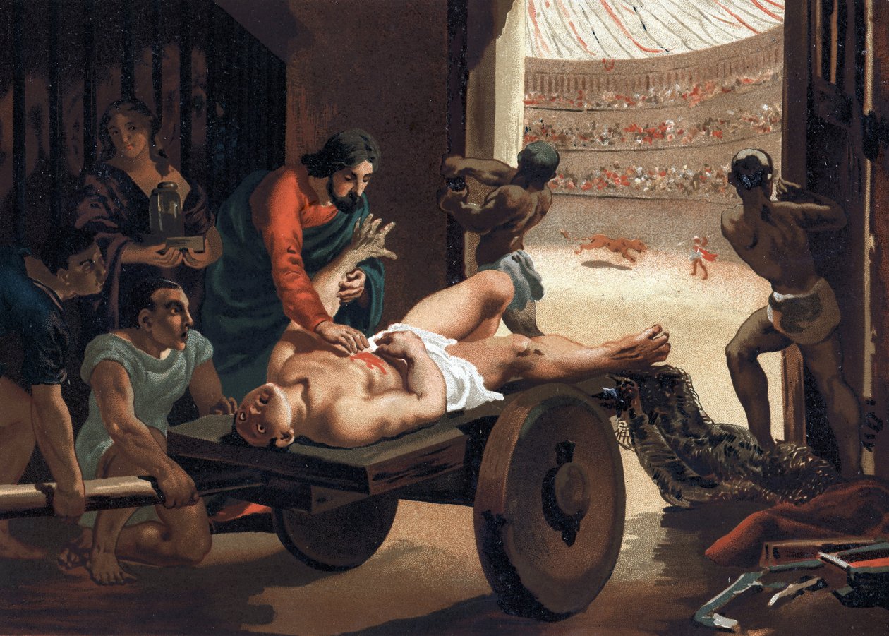 Claudius Galien (Claudius Galenus eller Claudius Galenus eller Claudius Galenus eller Galen, v. 131 - v. 201), græsk læge, der behandler en gladiator. Barcelona 1881 af Unknown artist