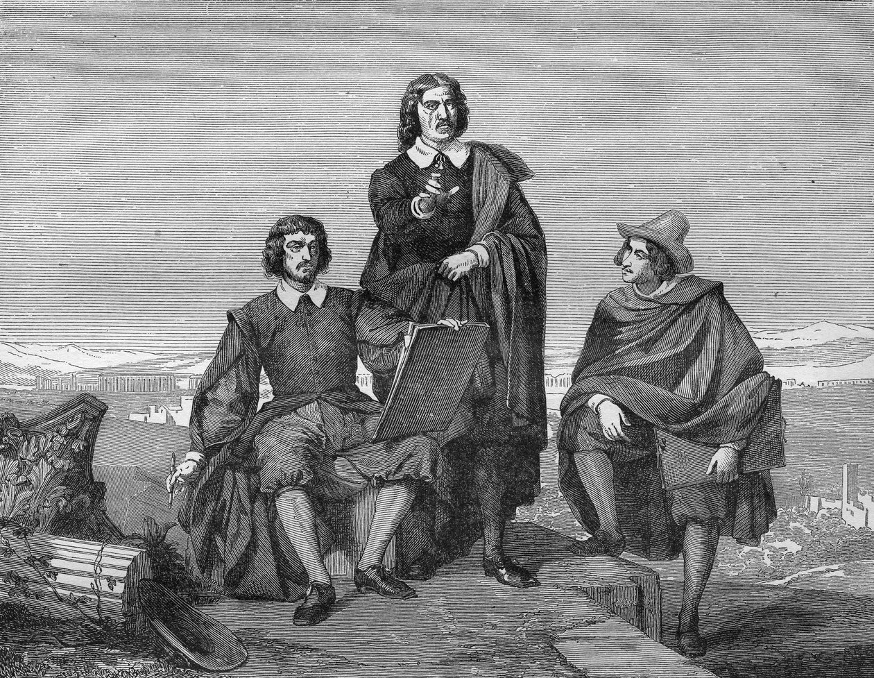 Claude Lorrain, Nicolas Poussin og Gaspard Dughet (Guaspre Poussin) i den romerske region. Indgravering af det 19. århundrede. af Unknown artist