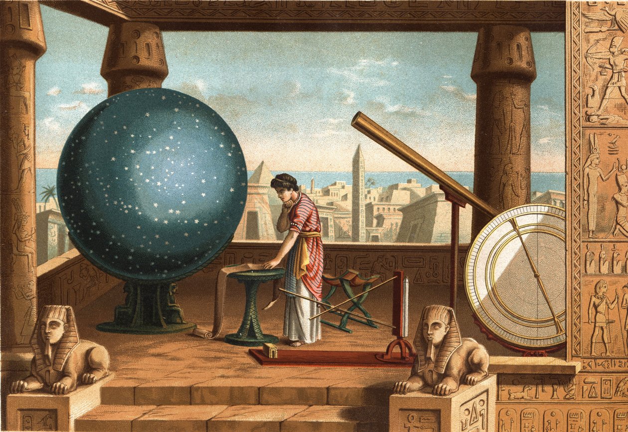 Claude Ptolemaios (ca. 100 - ca. 170), græsk lærd og astronom, i Alexandria-observatoriet (Ægypten). Barcelona 1877. af Unknown artist
