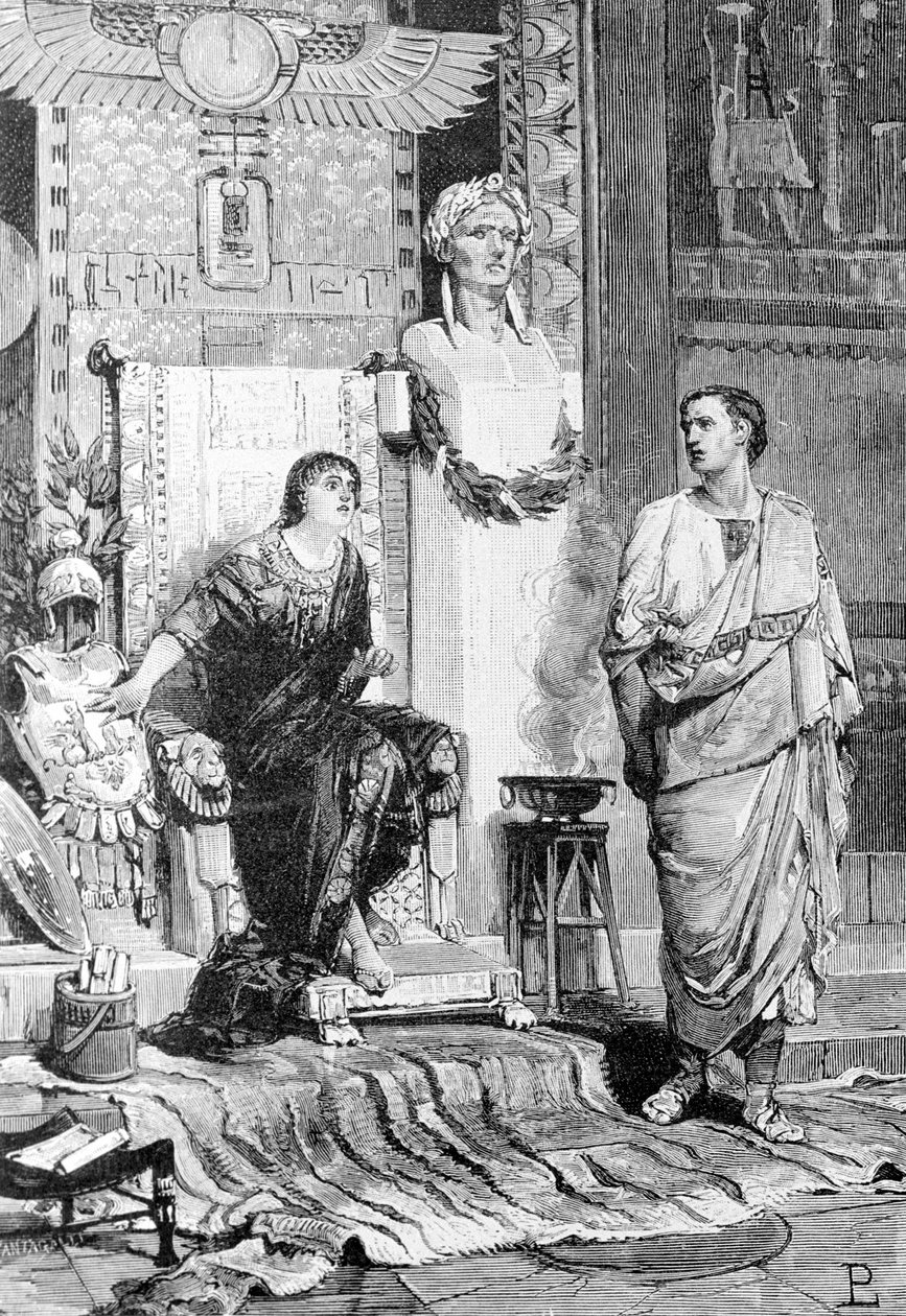 Kleopatra (69 f.Kr. - 30 f.Kr.), dronning af Egypten og Octave, kom for at tale med hende efter Actiums nederlag og Marc Antonys død. Indgravering af det 19. århundrede. Storia d