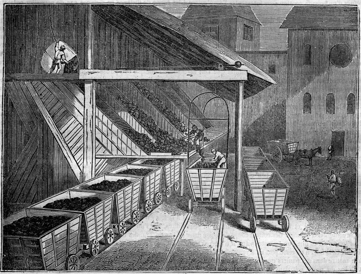 Kulmine: Kul, udvundet fra minen, lastes ombord på vogne mod støberier, tog og skibe. I "" Den maleriske butik"" 1835 af Unknown artist