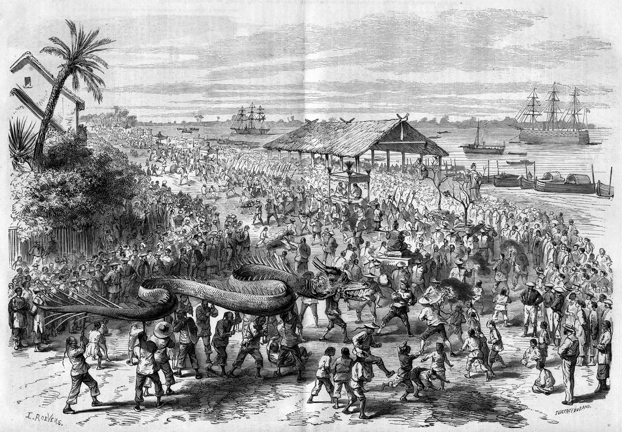 Cochinchine: årlig drageoptog arrangeret af menigheden i Saigon i 1865. af Unknown artist