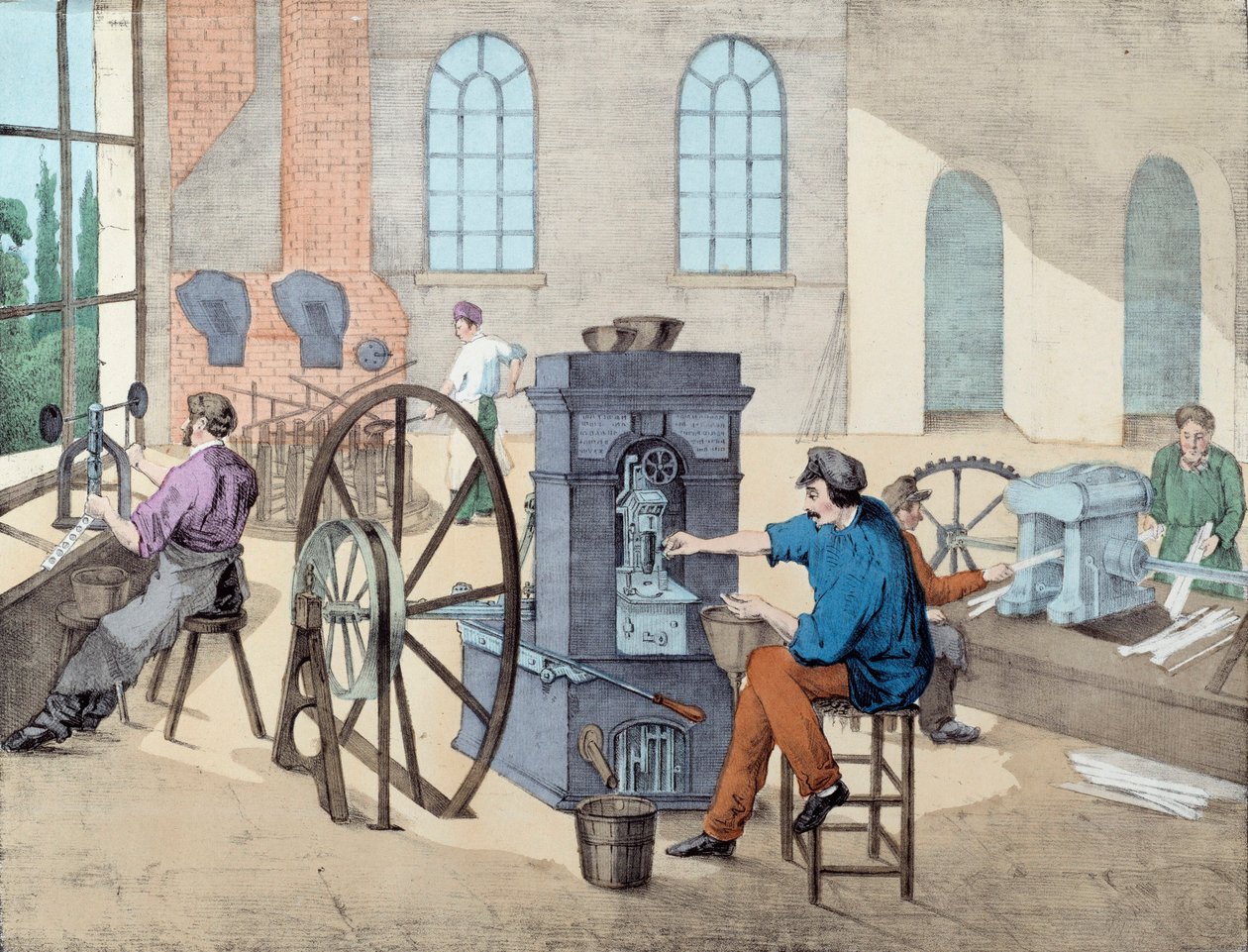 Møntfremstilling: arbejdere, der arbejder på en fabrik på forskellige stadier, støber og støber mønter. Gravering af det 19. århundredes Paris, dekorativ kunst af Unknown artist