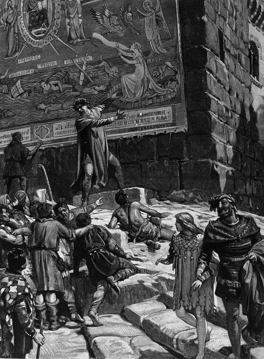 Cola di Rienzo (1314-1354), i kampagnen for at blive en tribune for det romerske folk, forklarer Roms befolkning de kalkmalerier, som han havde installeret i Capitol, der symboliserer Roms smerte i et dechainee-hav omgivet af Troja, Jerusalem, Carthage og  af Unknown artist