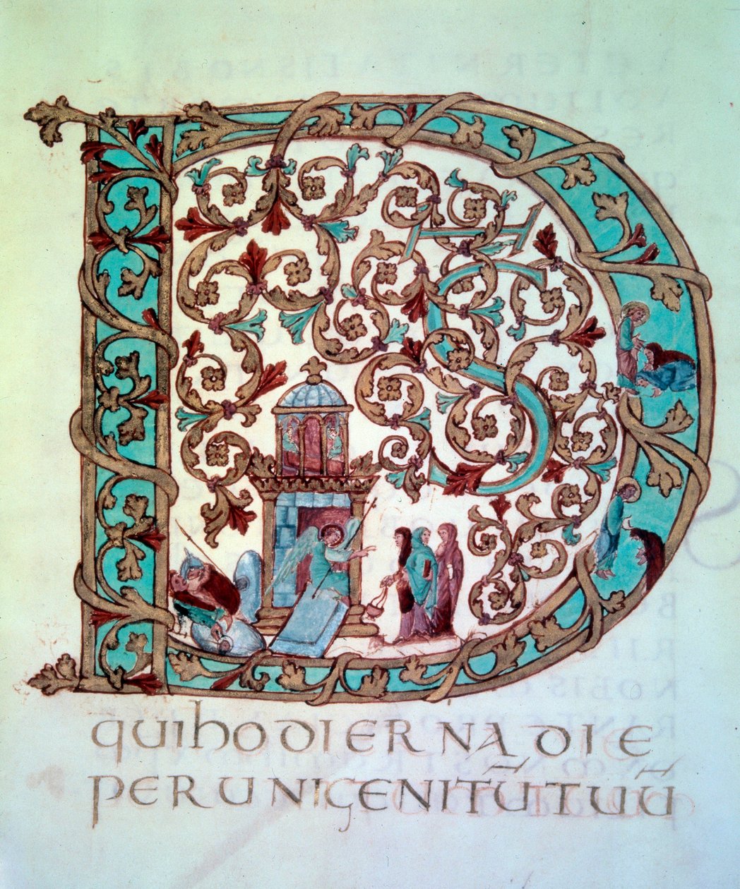 Påskesamling: stor initial (lettrine) D ornated and historiee (de hellige kvinder ved graven). Miniature (Folio 58) af manuskriptet "Sacramental of Drogon"" fra Tresor of the Cathedrale of Metz, 845-855. BN, Paris. af Unknown artist