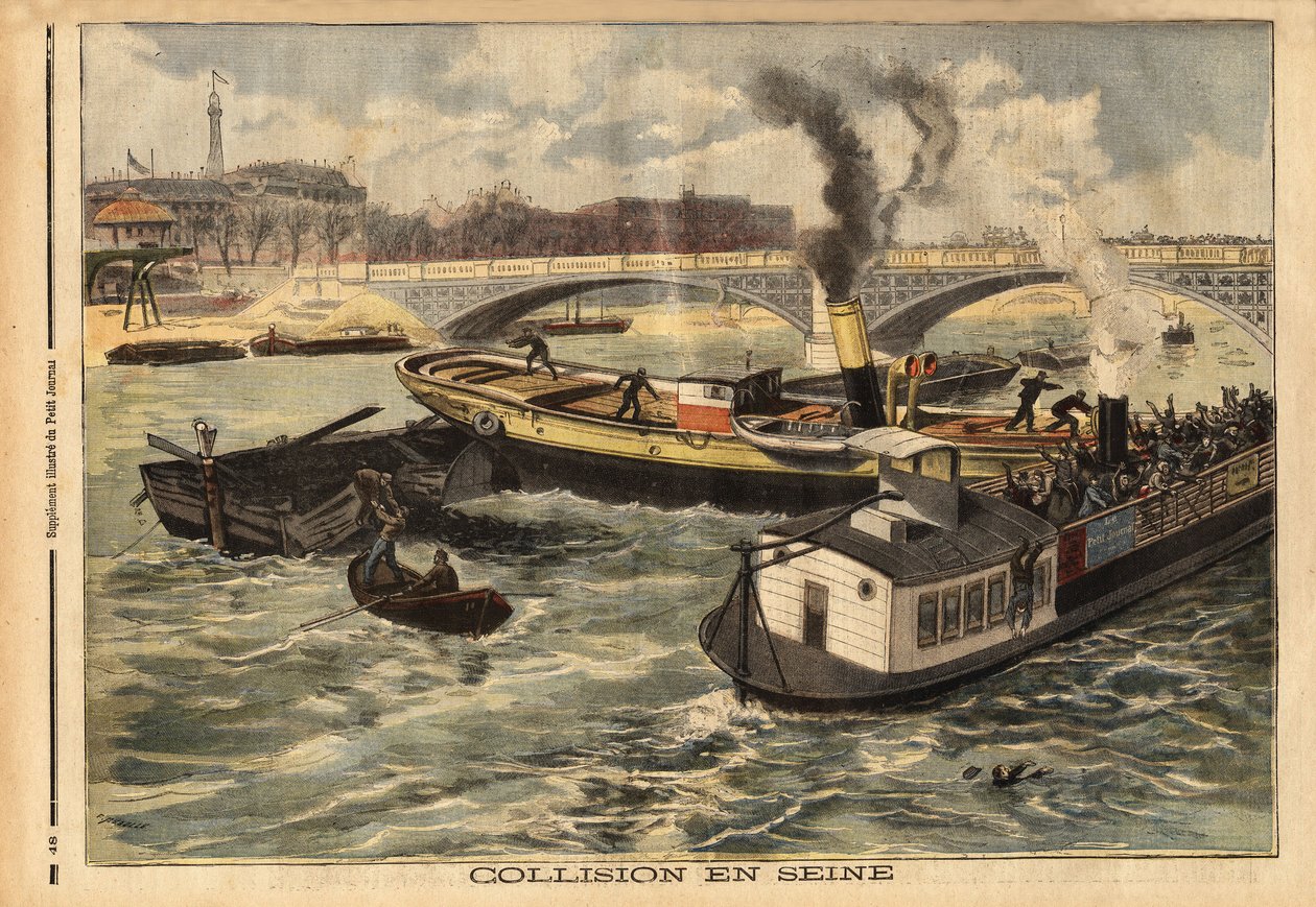 Kollision på Seinen mellem en engelsk dampbåd og en omnibus peniche i Paris, på højden af kongebroen. Indgravering i "" Le petit journal"" 7/02/1897. Selva samling. af Unknown artist