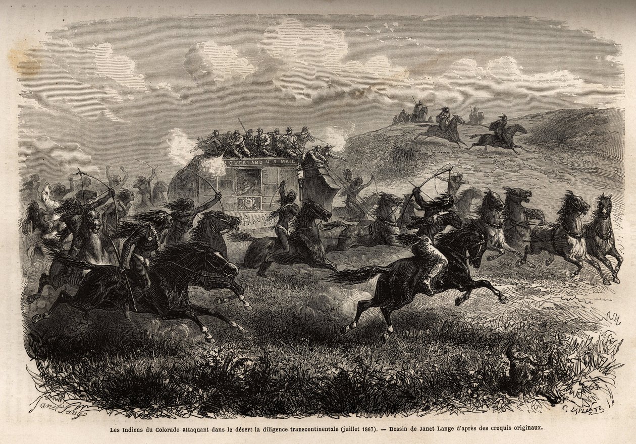 Colorado-indianere angreb transkontinental flid i ørkenen i juli 1867. Indgravering til illustration af turen til det fjerne vesten i USA, af M. L. Simonin, i 1867, udgivet i "Le tour du monde, nouveau journal des voyages"", redigeret af Edouard Chart af Unknown artist
