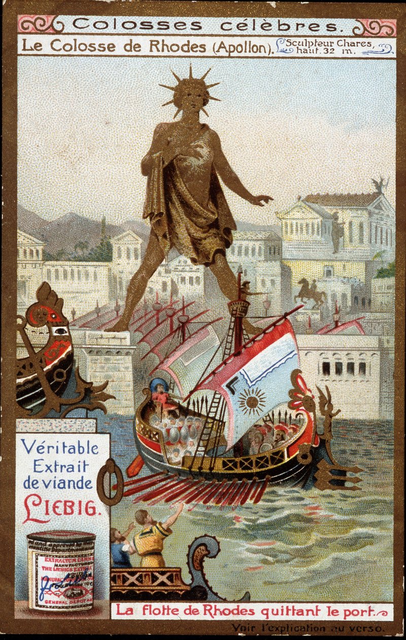 Colossus berømt: Kolossen af Rhodos (Apollo, Helios) (højde 32 meter), billedhuggeren Charles de Lindos (4. århundrede f.Kr.); flåden af Rhodos forlader havnen (Grækenland) - Liebig kromolitografi af Unknown artist