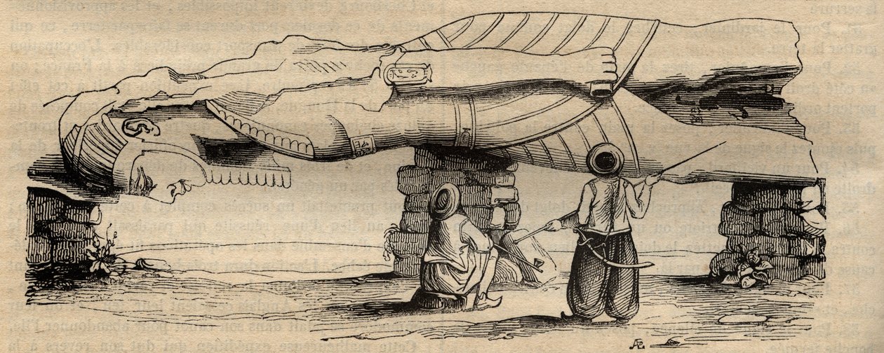 Kolossen af Ramses II fundet i 1820, nær den sydlige port til templet i Ptah, som ligger omkring tredive meter væk, af den italienske rejsende Giovanni Battista Caviglia - indgravering af 1838 - Statuen af Ramses II blev opdaget i 1820 af Giovanni Battista af Unknown artist
