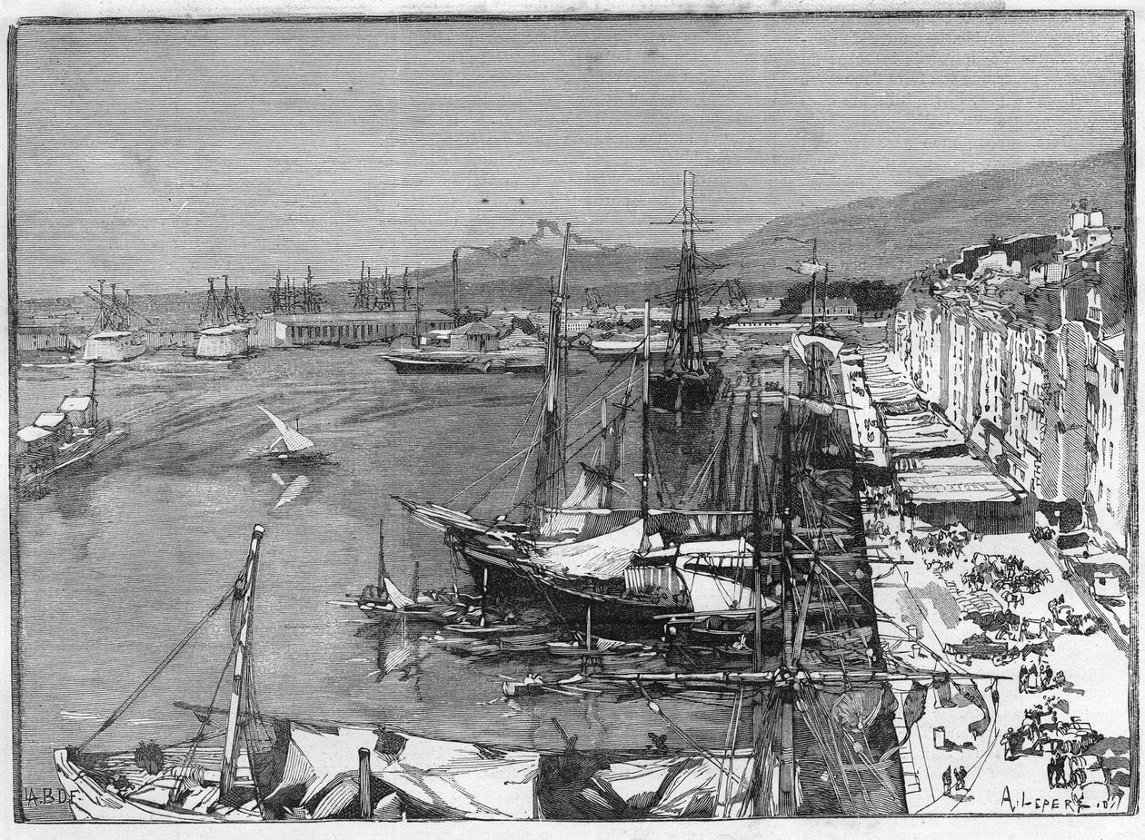 Kommercielt skib og arsenal i havnen i Toulon (Var), Frankrig. Gravering i "" Le Monde Illustré"" af Unknown artist
