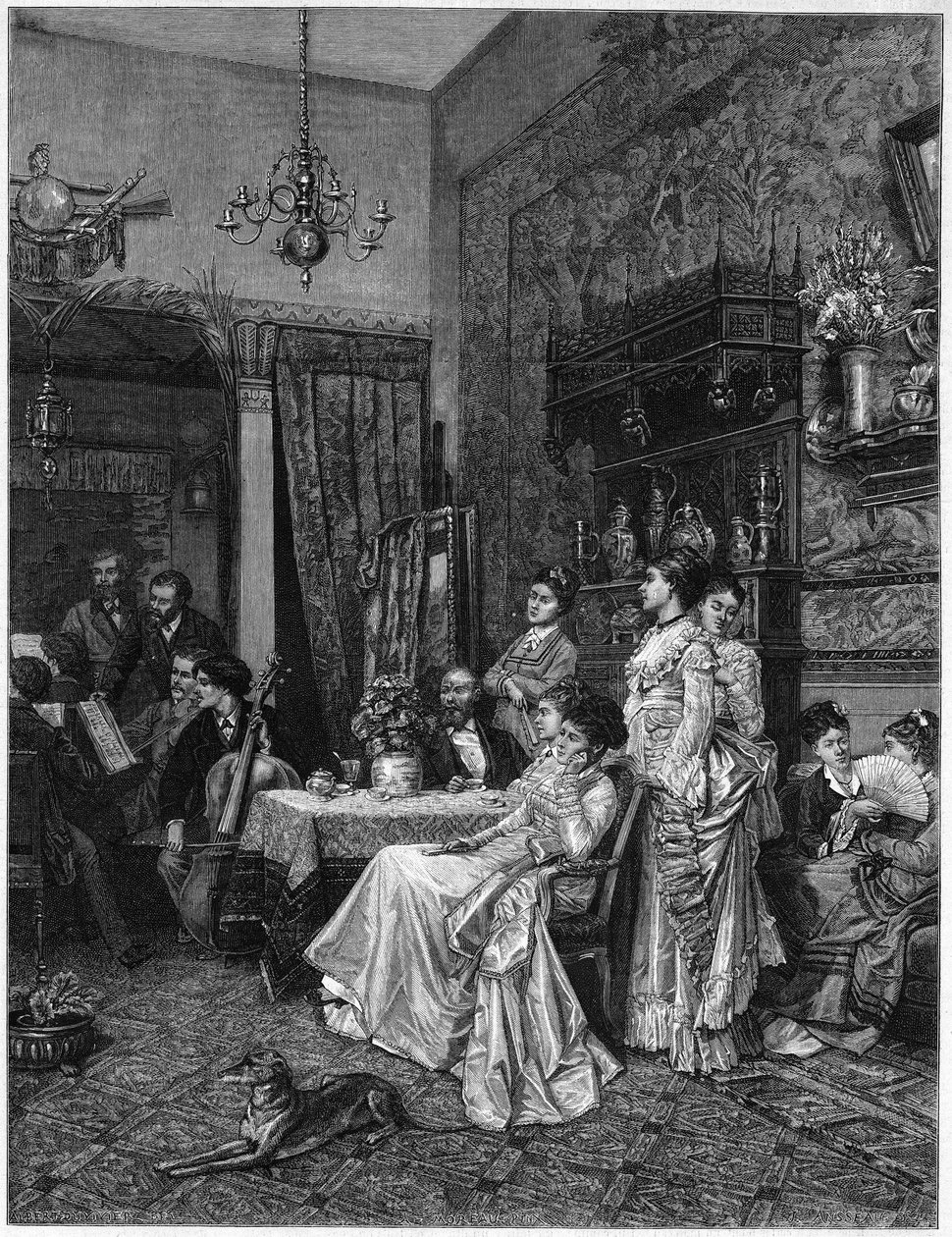 Koncert af amatører i en kunstners atelier. Reproduktion af et maleri af Adrien Moreau (1843-1906) præsenteret på Salon de 1873. af Unknown artist