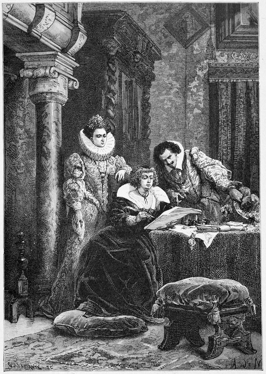 Concini, Leonore Galigai og Marie de Medici. Indgravering i "Histoire de France" fra de fjerneste tider indtil 1789 af M. Guizot af Unknown artist