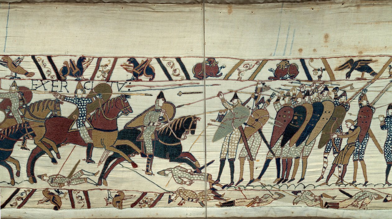 Erobre England af Vilhelm Erobreren (1027-1087) i 1066, kampscene mellem det normanniske kavaleri, der laster det saksiske infanteri af kong Harold II af England Detalje af Bayeux-tapet eller broderi af dronning Mathilde af Unknown artist