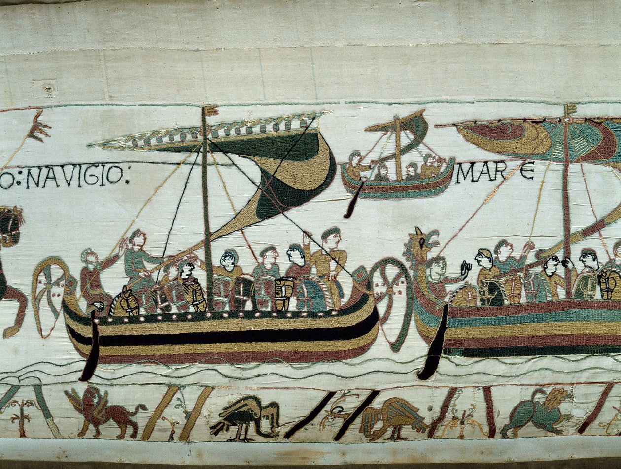 Erobring af England af Vilhelm Erobreren (1027-1087) i 1066: de normanniske flåder er på vej til England Detalje af Bayeux-tapet eller broderi af dronning Mathilde af Unknown artist