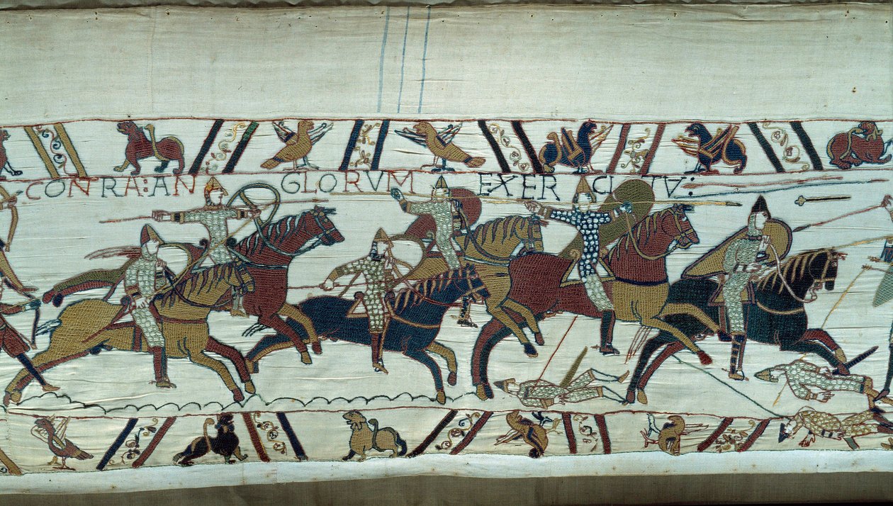 Erobring af England af hertugen af Normandiet Vilhelm Erobreren (1027-1087) i 1066: det normanniske kavaleri angreb i slaget ved Hastings. Detalje af billedtæppet af Bayeux eller broderi af dronning Mathilde af Unknown artist