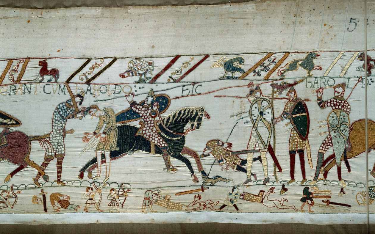 Erobring af England af hertugen af Normandiet Vilhelm Erobreren (1027-1087) i 1066: Normannerne massakrerer de saksiske hære, kong Harold bliver dræbt af en pil fundet i øjet Detalje af Bayeux-tapetet eller Broderi af Dronning Mathilde af Unknown artist