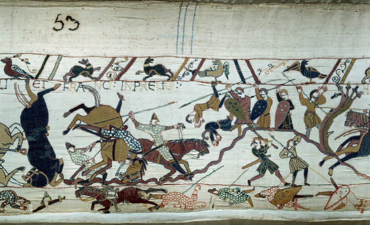 Erobring af England af hertugen af Normandiet Vilhelm Erobreren (1027-1087) i 1066: Slaget ved Hastings Detalje af Bayeux-tapet eller broderi af dronning Mathilde af Unknown artist