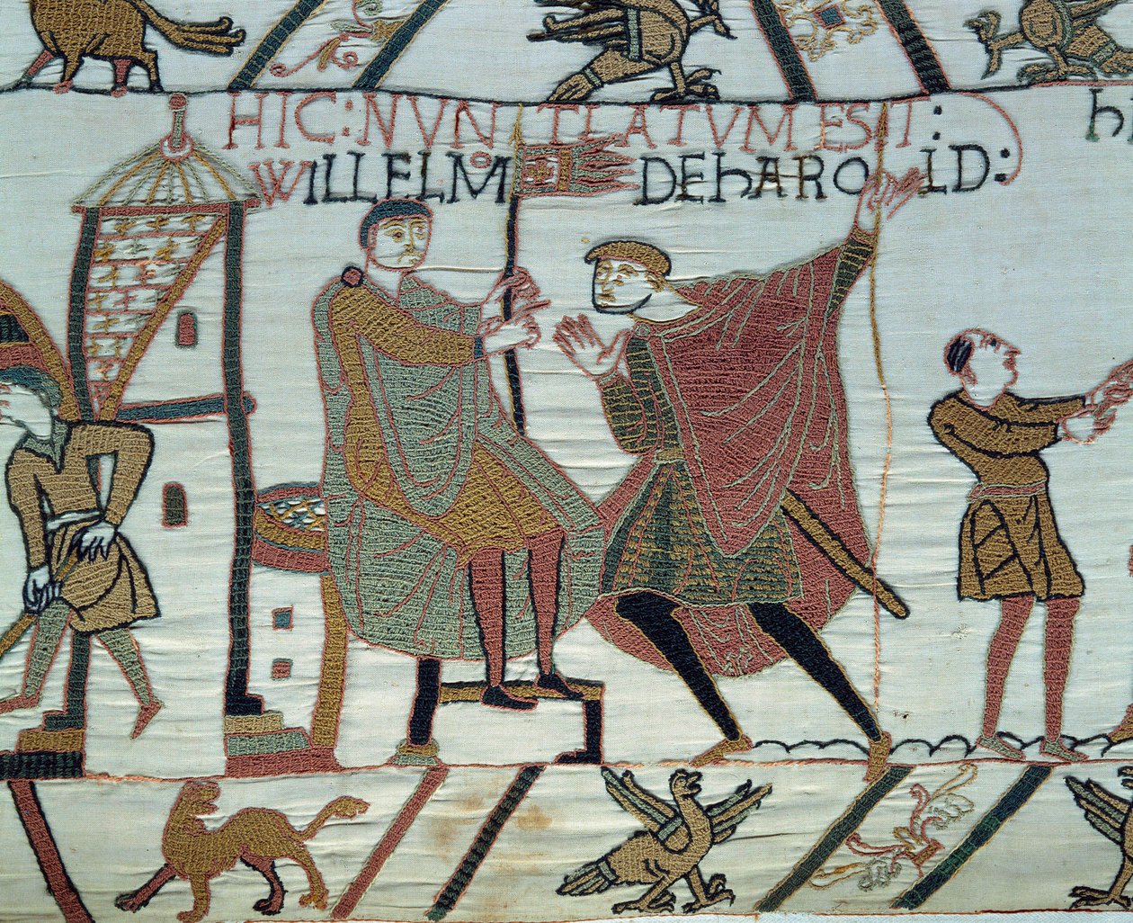 Erobring af England af hertugen af Normandiet Vilhelm Erobreren (1027-1087) i 1066: en udkigspost rapporterer fakta om Harold II til Vilhelm i slaget ved Hastings. Detalje af Bayeux-tapet eller broderi af dronning Mathilde af Unknown artist