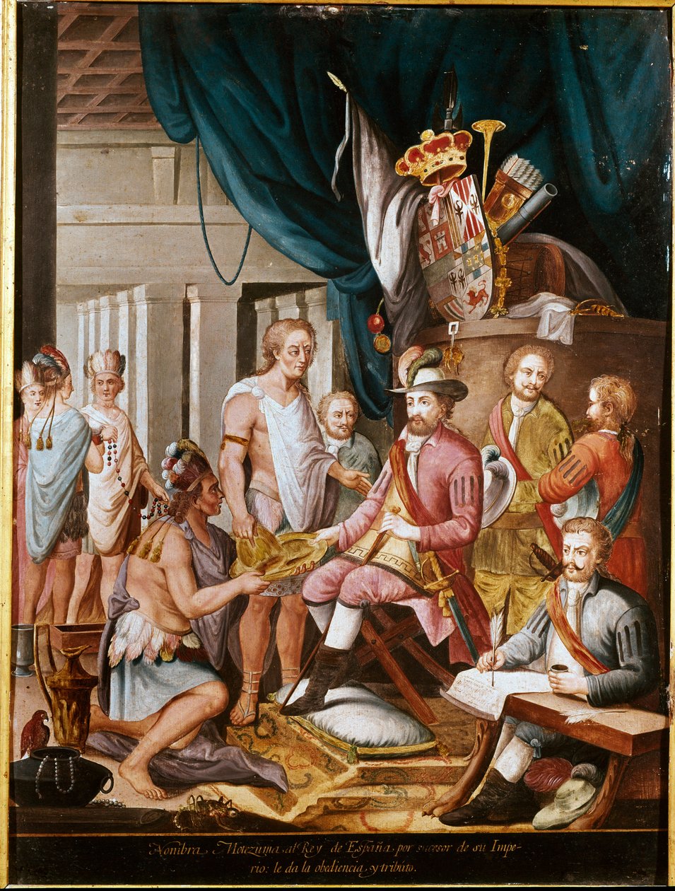 Erobring af Mexico: Montezuma (eller Moctezuma II), den aztekiske kejser (1466-1520) tilbyder gaver til conquistadoren Hernan Cortez (eller Cortes) (1485-1547) og sværger loyalitet til Kongeriget Spanien. Anonymt maleri. Madrid. Museum of America. af Unknown artist