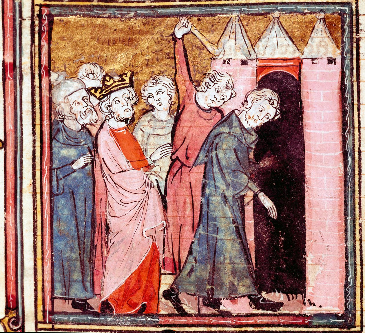 Sammensværgelse mod Ludvig den Fromme (778-840) kejser af Vesten, hans søn Lothaire pålagde ham en offentlig bod på klosteret Saint Medard de Soissons i 833 Miniature taget fra "" Grandes Chronicles de France"" 1375-1379 kommunale bibliotek , Cas af Unknown artist