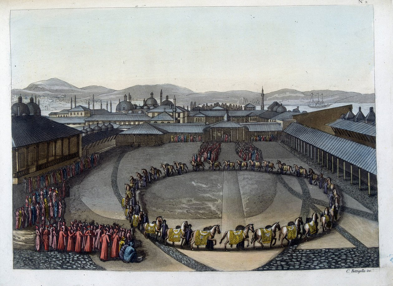 Konstantinopel: Lykkelighedens port. Denne dør giver adgang til det indre af paladset, hvor sultanen bor med sin familie og damerne i sit Harem. I “” Det gamle og moderne kostume af Unknown artist