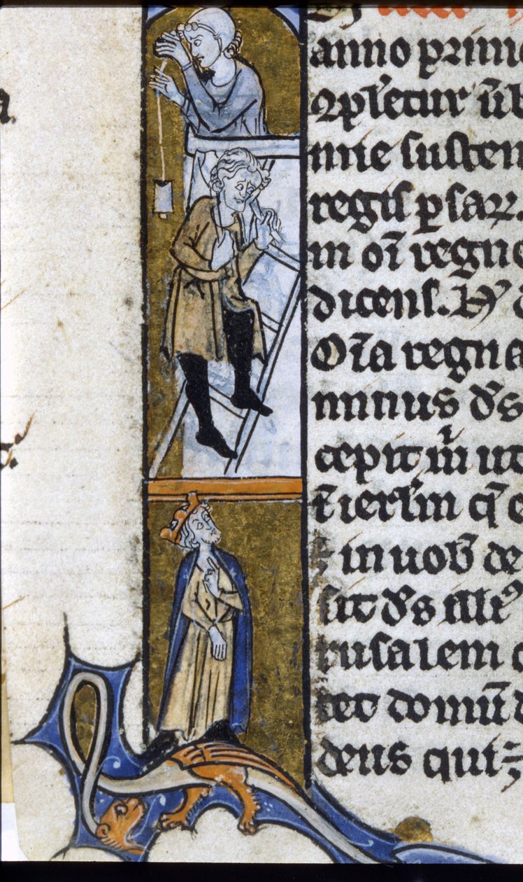 Opførelse af et kloster: arbejdere og tilsynskonge. Belysning af et manuskript fra midten af 1200-tallet. Bilioteca Trivulziana. af Unknown artist