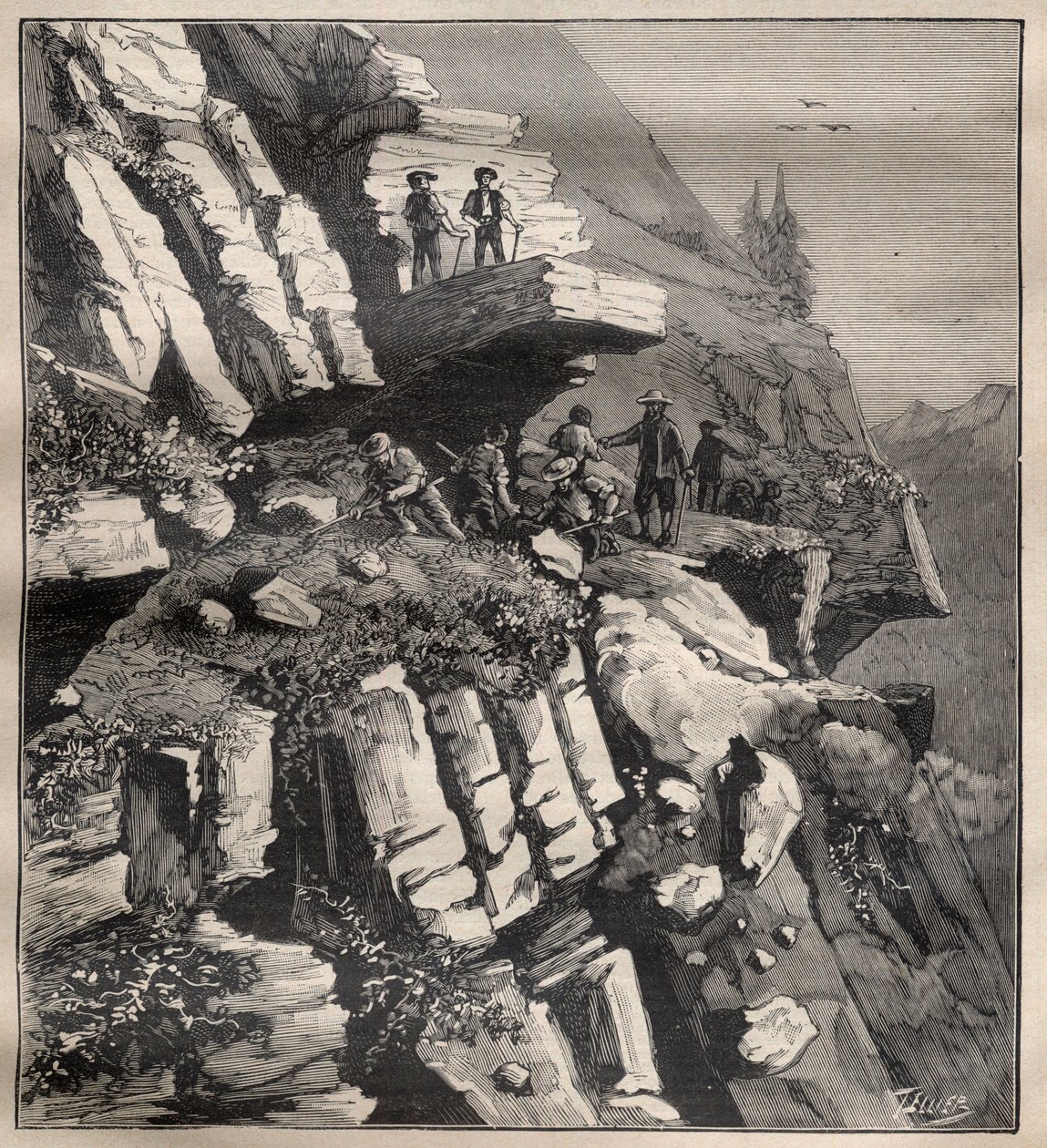 Konstruktion af en bjergvej i Alperne - Indgravering i "La Science francaise"" af Unknown artist