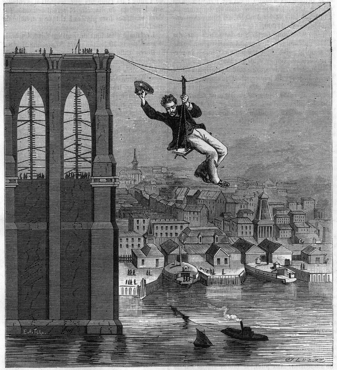 Konstruktion af Brooklyn Bridge i New York: Mr. Farrington, bygningsmekaniker, flytter fra en pæl til en anden ved hjælp af den første strakte wire (25. august af Unknown artist