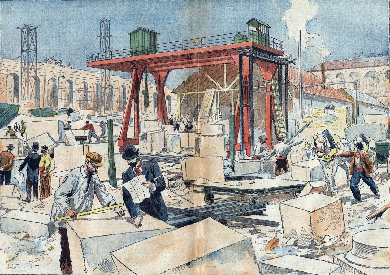 Opførelse af Grand Palais i Paris i 1898 i anledning af verdensudstillingen i 1900. I midten, diamanthjulet til at skære skære skåret sten. Illustration i "" Le Pelerin"" af 3. juli af Unknown artist