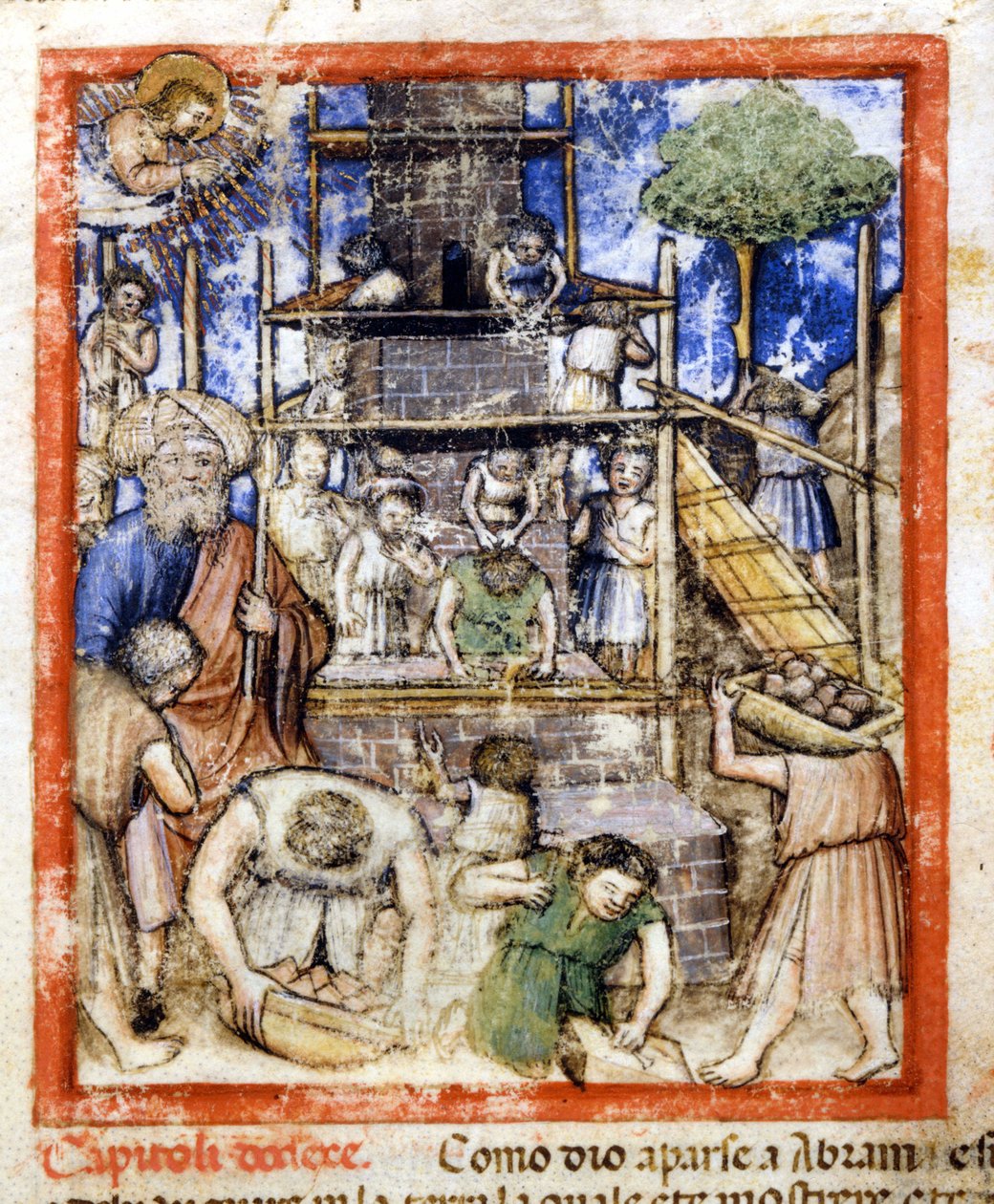 Opførelse af Babelstårnet. Miniaturer fra codex 212 (eller Padovano Codice eller Bible of Padua) 1390-1400 Rovigo, Accademia dei Concordi af Unknown artist