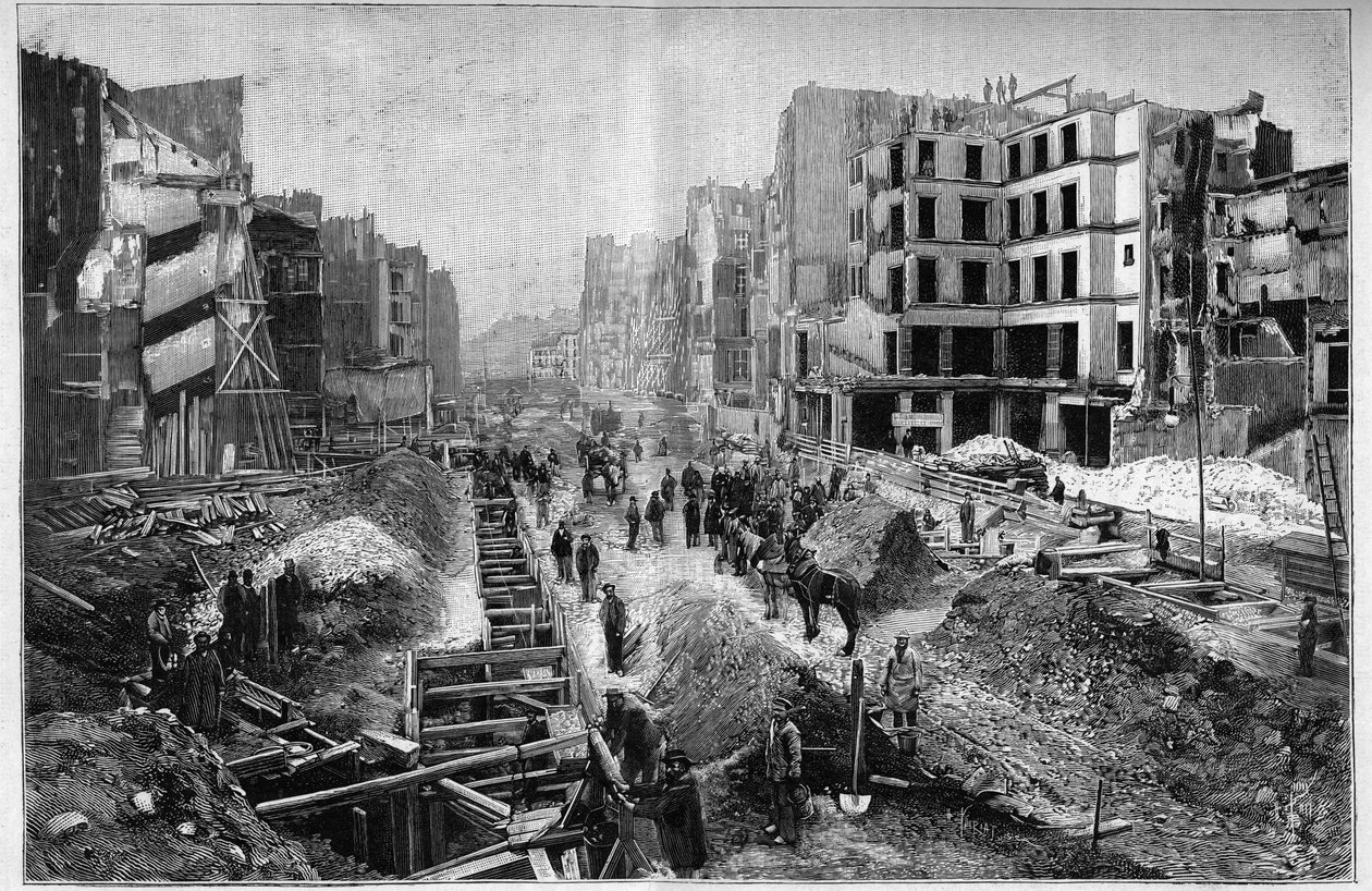 Byggeri på Reaumur Street - Transformationer af Paris under det andet imperium, Haussmann Paris (Boulevard, Haussmann værker) - Le Percement de la Rue Reaumur i det 3. arrondissement i Paris af Unknown artist