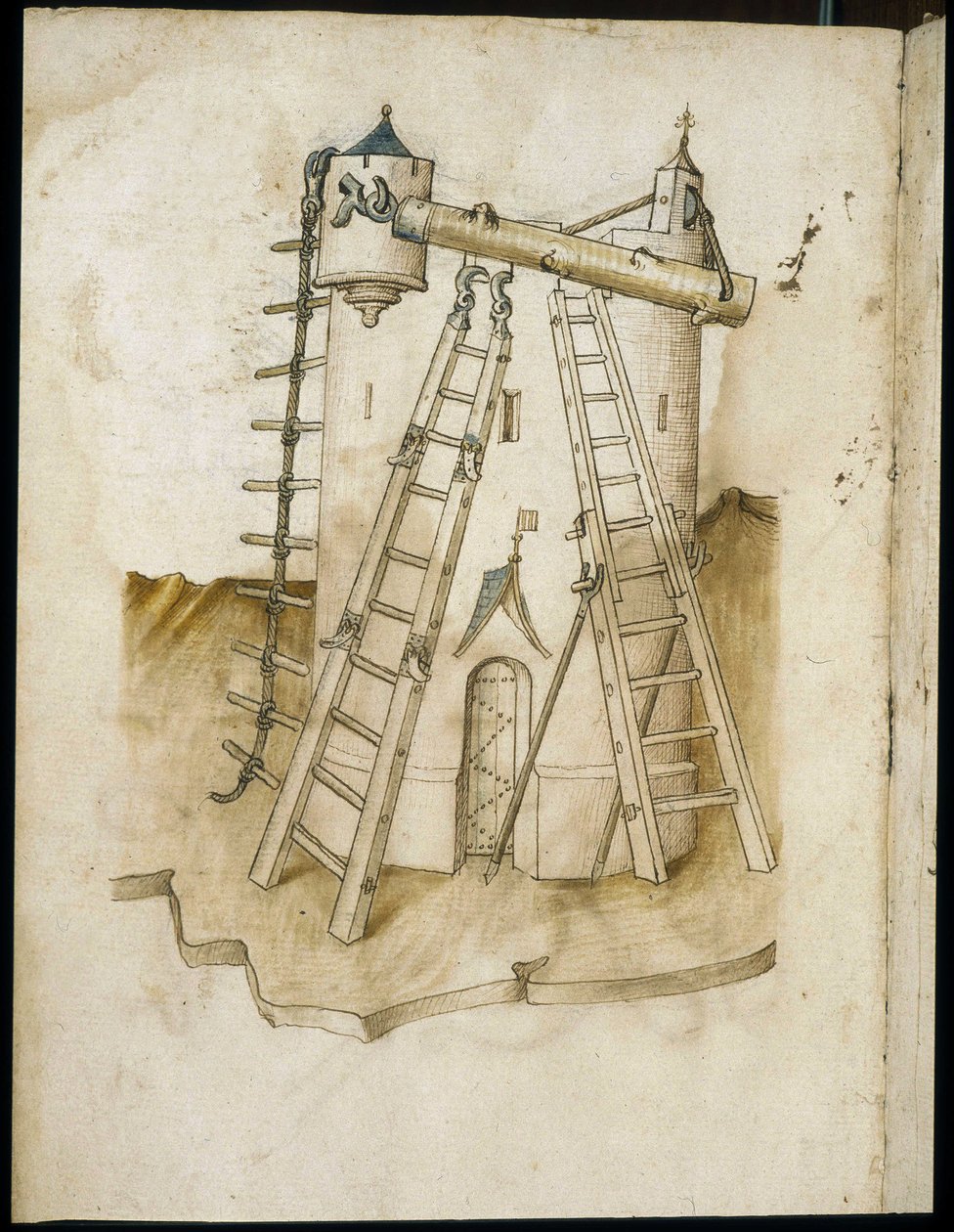 Byggearbejde - Manuskript: pergamentark af en ingeniørmanual til opførelse af civile, religiøse og militære bygninger, anonym, slutningen af det 15. århundrede (figur med kinesisk blæk) af Unknown artist