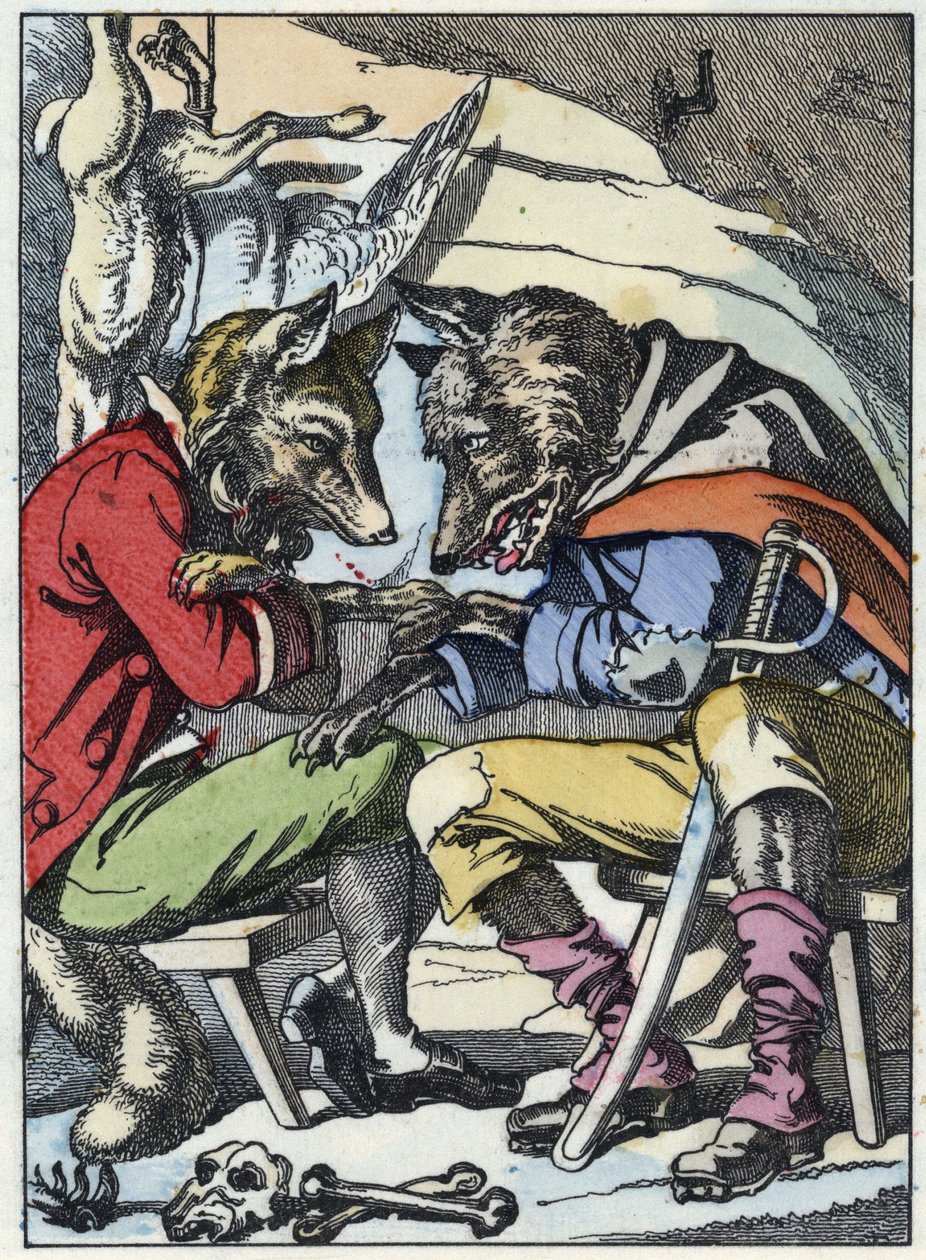 Samtale mellem ulven og ræven. Illustration af fortællingen "Compere le Loup, Maitre Renard, Comere la Chevre et ses petits biquets"" efter en fabel af Jean de la Fontaine. I “”Fortællinger fra hjemmet for de mindste””. Anonym gravering af af Unknown artist