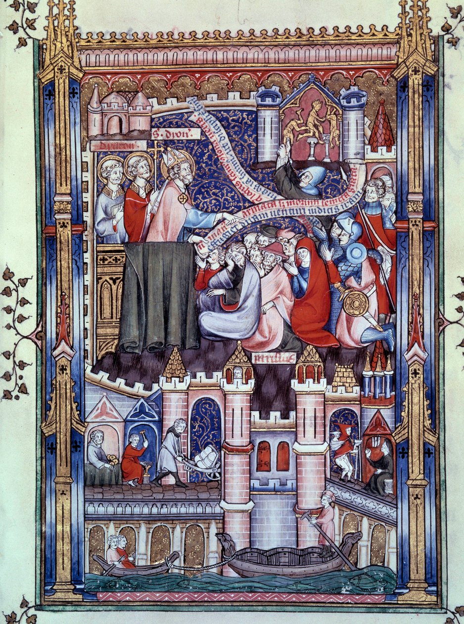 Omvendelse af parisere: på en bro i Paris, hvor guldsmedebutikker er placeret, bryder pariserne idoler til guld. Miniature fra manuskriptet "" Life of Saint Denis"" af Yves, munk af Saint-Denis af Unknown artist