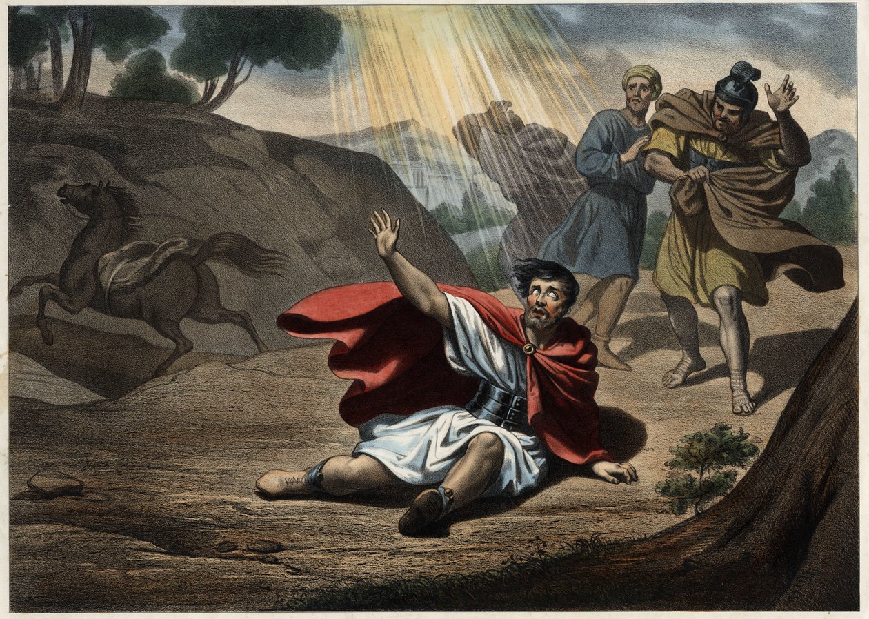 Omvendelse af St. Paul. Kristi syn på vej til Damaskus, hvorefter Sankt Paulus konverterede til kristendommen havde han kæmpet indtil da. Anonym stik fra midten af 1800-tallet. af Unknown artist