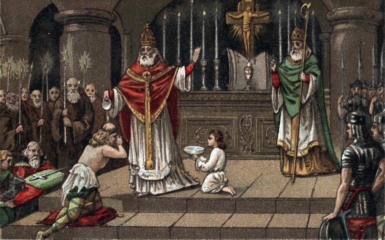 Omdannelse af Widukind eller Witikind før Karl den Store i 785. Kromolitografi af slutningen af 1800-tallet. af Unknown artist
