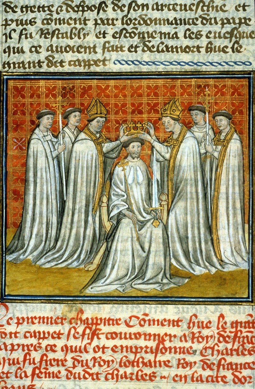 Kroning af Hugues Capet (987) af Adalberon (ca. 925-990), ærkebiskop af Reims - Belysning af manuskript på velin fra middelalderen "" Great Chronicles of Saint-Denis"" slutningen af det 14. århundrede (ref.512) af Unknown artist