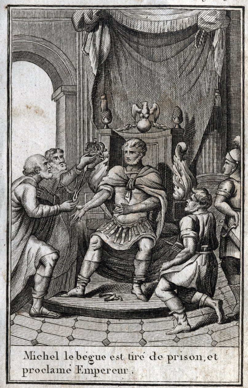 Kroningen af Michael II amorianeren (begen) (770-829) som byzantinsk kejser efter hans løsladelse fra fængslet i 820. Han er grundlæggeren af det amoriske dynasti. Indgravering i “Beaute de l