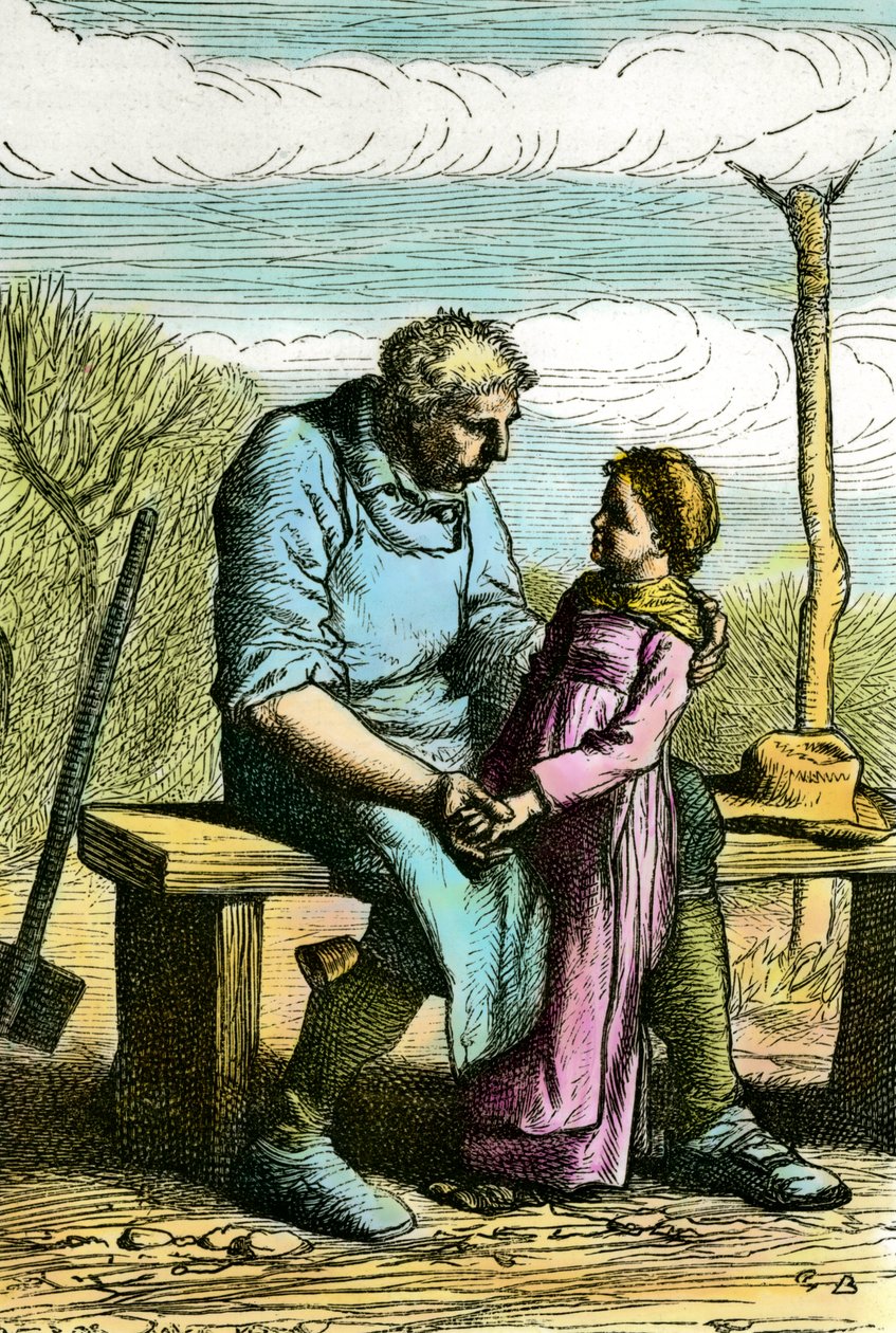 Cosette og Jean Valjean. Illustration til romanen "Les miserables" af Victor Hugo (1802-1885) Stik fra 1865 Privat samling af Unknown artist
