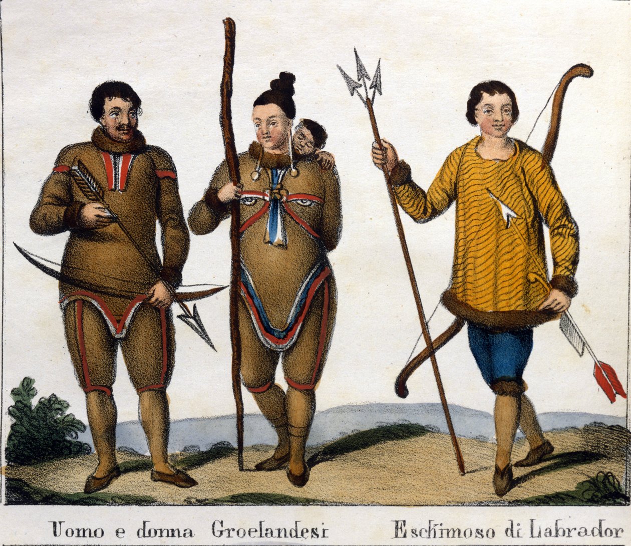 Kostume. Til venstre: Et par grønlandske eskimoer med deres barn. Til højre: Labrador Eskimo. Litografi begyndelsen af det 19. århundrede af Unknown artist