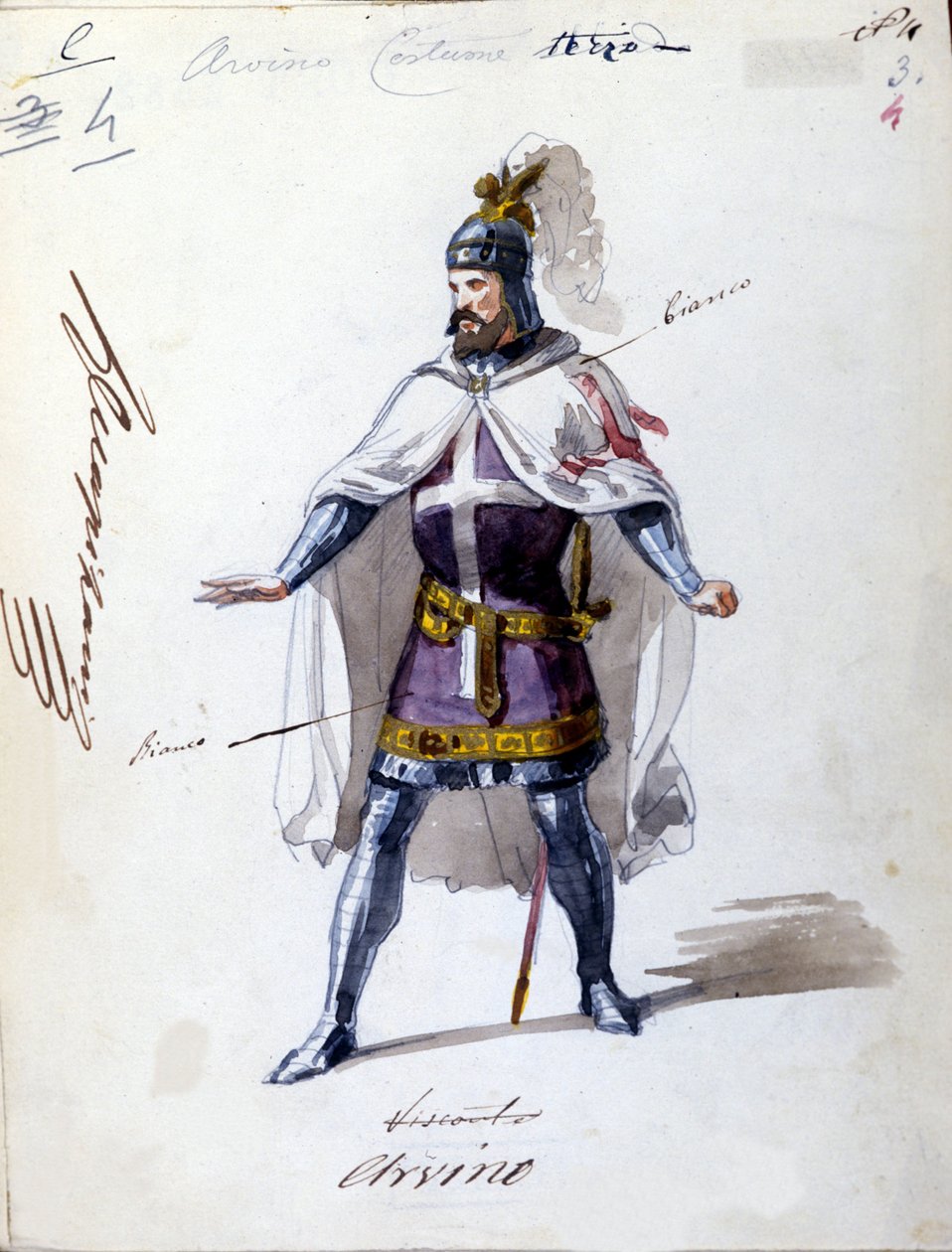Kostume til operaen "" I Lombardi"" eller "" Les Lombards à la première Crusade"" komponeret af Giuseppe Verdi (1813 - 1901) i 1843. Anonym akvareltegning. Alvino-karakter til forestillingen på Scala i Milano. af Unknown artist
