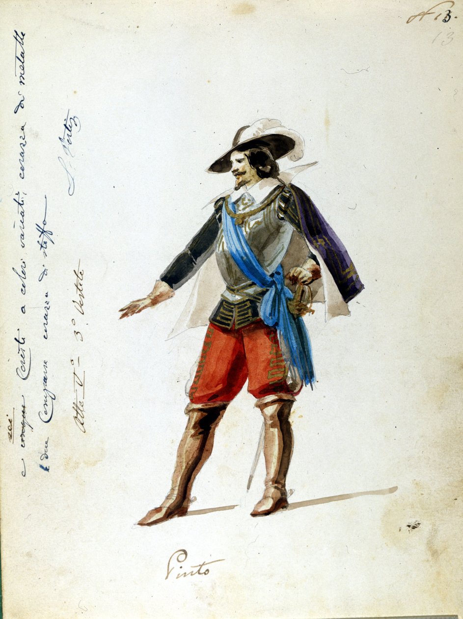 Kostume til karakteren Arrigo i operaen "Giovanna de Guzman"" navnet på den første repræsentation af den sicilianske Vepres (I vespri siciliani) komponeret af Giuseppe Verdi. Anonymt kostume lavet til Scala Theatre i Milano i 1856. af Unknown artist