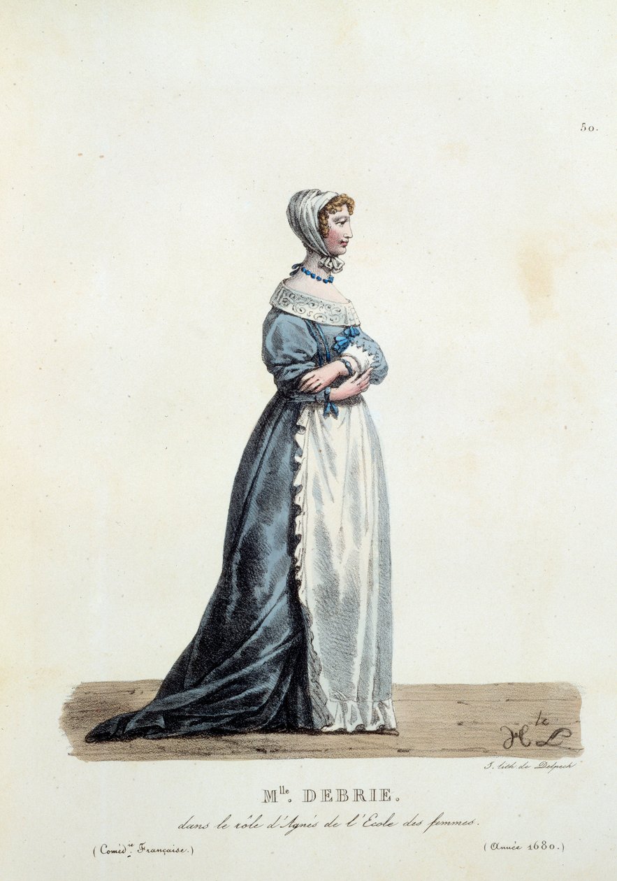Kostume af Miss Debrie i rollen som Agnes af Molieres "School of Women" i 1680. Kostume af fransk komedie af Hippolyte Lecomte (1781-1857). Indgravering af det 19. århundrede. Saml. Lad os gå. af Unknown artist