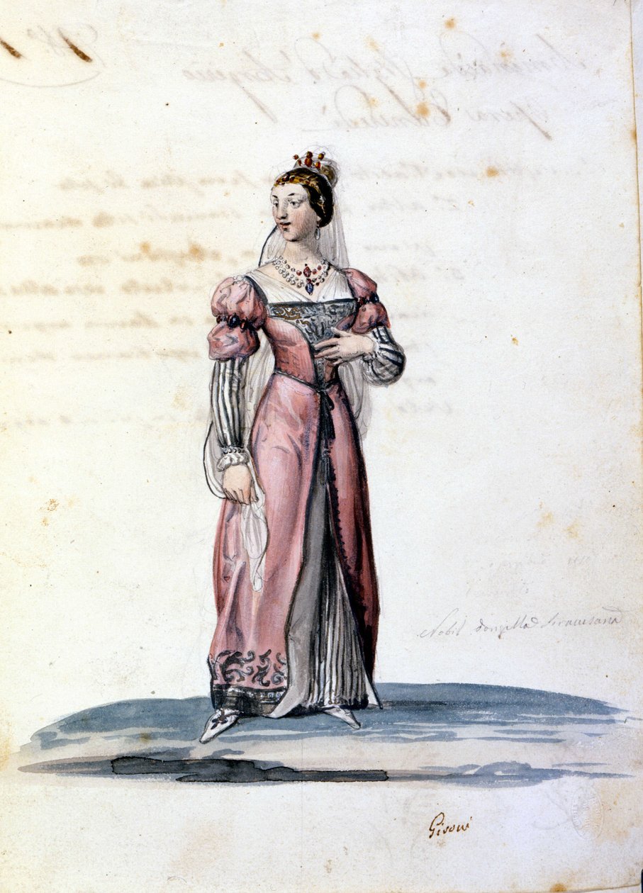 Kostume af ung dame af adelen i Syracuse, tegnet af Gironi til operaen "Tancredi"" (Tancrede) af Gioacchino Rossini. 1813 af Unknown artist