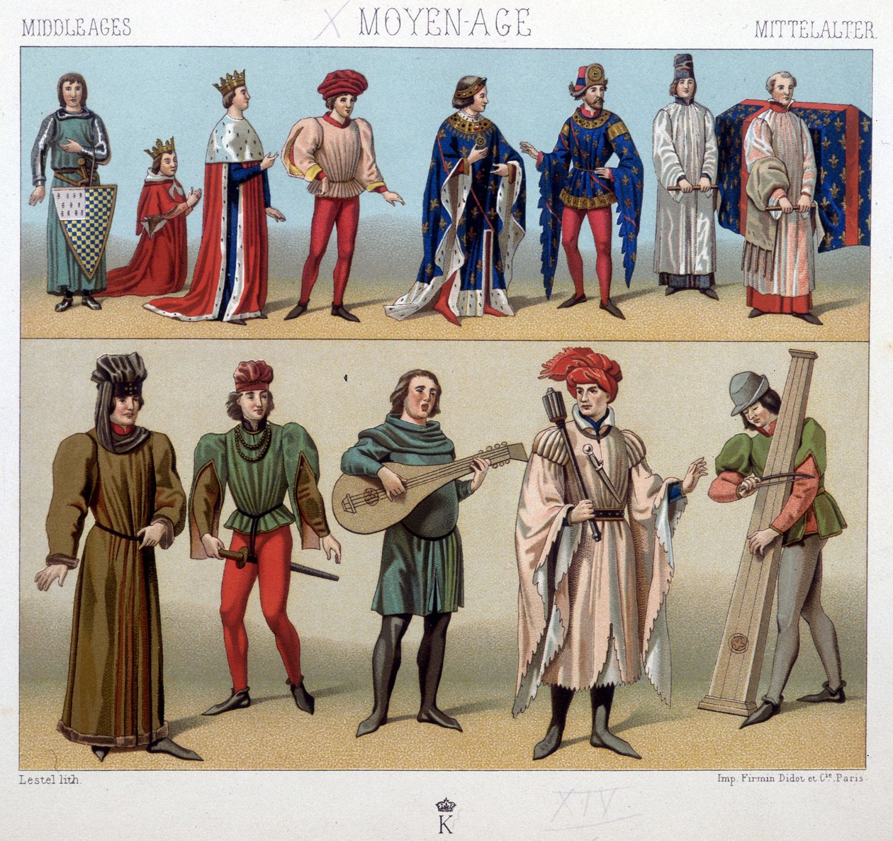 Kostumer og musikere i middelalderen fra det 13. til det 15. århundrede. I "Det historiske kostume" af A. Racquet af Unknown artist