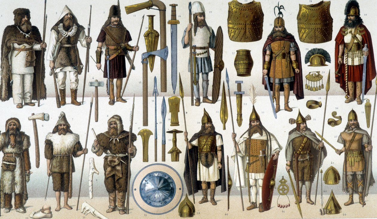 Kostumer, rustninger og våben fra barbariske krigere af Unknown artist