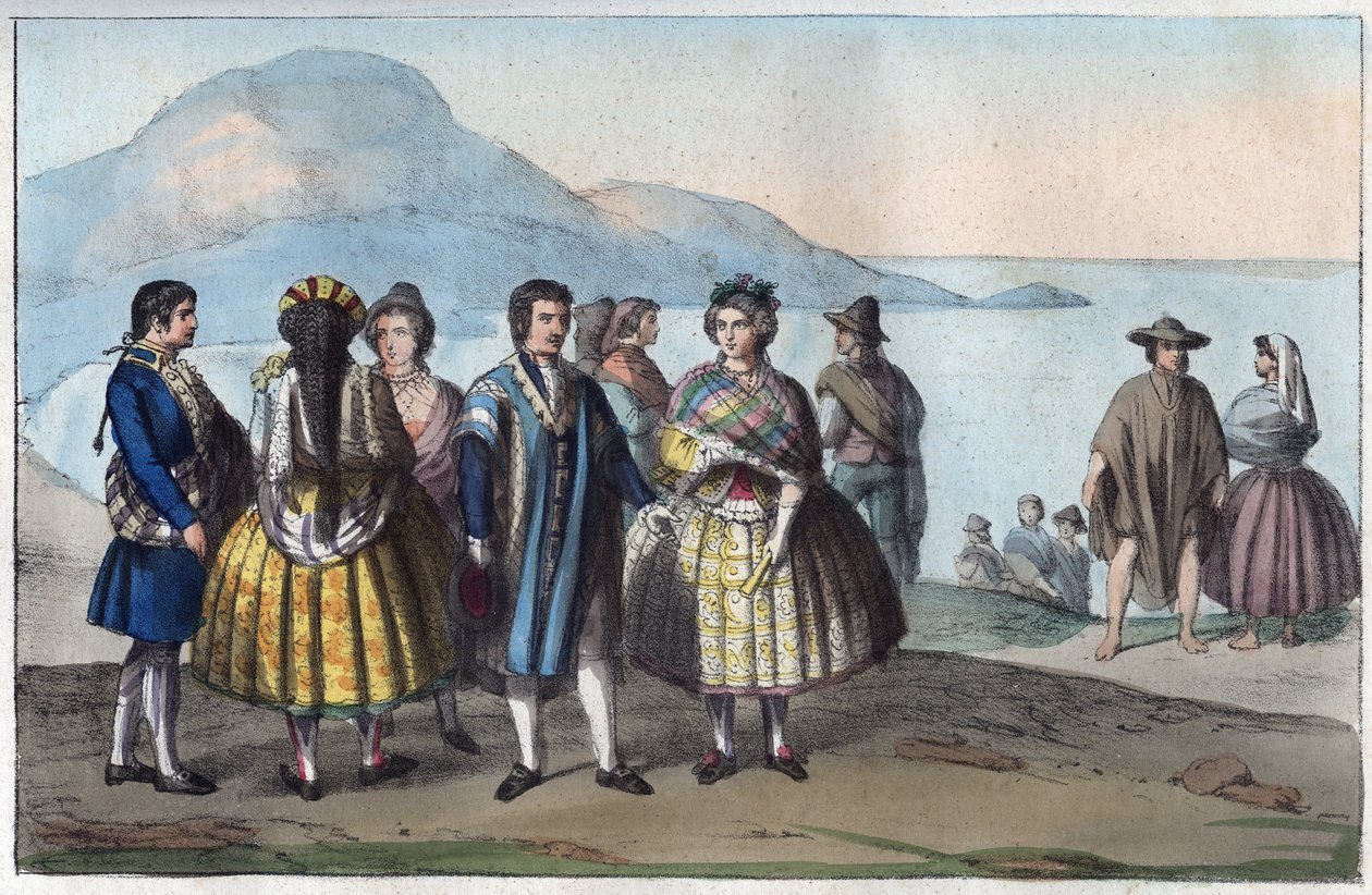 Kostumer af befolkningen i Concepcion, Chile - gravering fra "" Skikke og skikke for alle folk i universet. Det vil sige historien om regeringen, lovene, militsen, om alle nationers religion fra de fjerneste tider til i dag "1856 af Unknown artist