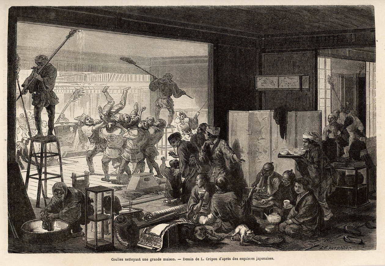 Coulies (tjenere), der gør rent i et stort hus, til nytårsforberedelserne, denne menage ender med glædelige og groteske manifestationer: fjernelse af den, der har misforstået sin opgave. Indgravering til illustration af rejsen til Japan af Aime Humbert, mi af Unknown artist