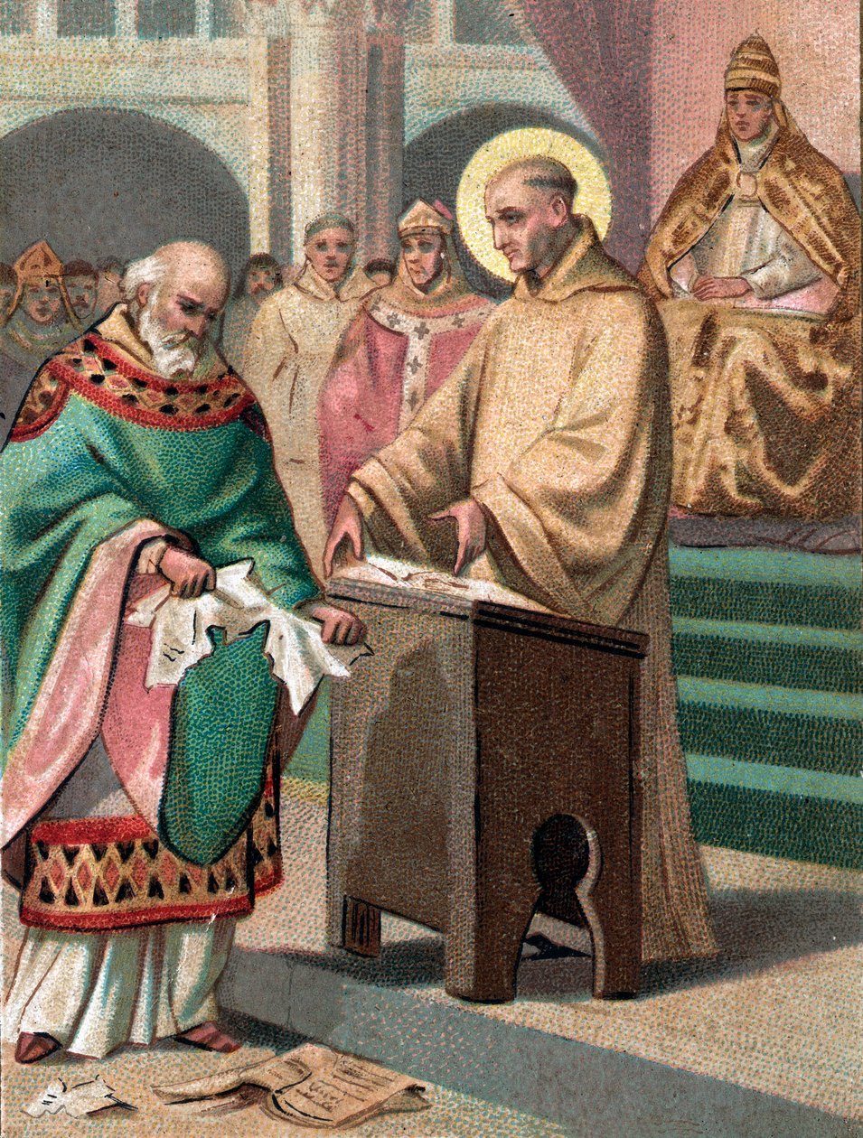 Koncilet i Reims i 1148: Sankt Bernhard af Clairvaux (1090-1153) (San Bernardo di Chiaravalle) anklagede Gilbert de la Porree, eveque af Poitiers, for kætteri - Kromolithografi fra slutningen af det 19. århundrede af Unknown artist